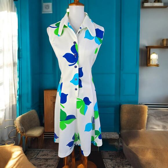 60s Mod Retro Collared Dress Blue Green Turquoise Vintage House Wife Size 18 - Picture 2 of 15